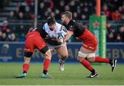 16 January 2016; Kyle McCall, Ulster, is tackled by Duncan Taylor, left, and George Kruis, Saracens. European Rugby Champions Cup, Pool 1, Round 5, Saracens v Ulster. Allianz Park, London, England. Picture credit: Seb Daly / SPORTSFILE