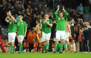 14 October 2009; Republic of Ireland's, from left to right, Robbie Keane, Andy Keogh, Richard Dunne and John O'Shea acknowledge the crowd at the end of the game. 2010 FIFA World Cup Qualifier, Republic of Ireland v Montenegro, Croke Park, Dublin. Picture credit: Pat Murphy / SPORTSFILE