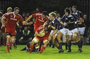 16 October 2009; Tommy O'Donnell, Munster A, is tackled by Dominic Ryan, Leinster A. Interprovincial Representative, Munster A v Leinster A, Clonmel RFC, Clonmel, Co. Tipperary. Picture credit: Diarmuid Greene / SPORTSFILE