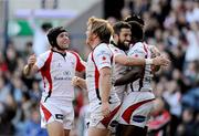 17 October 2009; Timoci Nagusa, right, Ulster, is congratulated after scoring his side's 1st try by team-mates, from left, Isaac Boss, Andy Kyriacou and Ian Humphreys. Heineken Cup, Pool 4, Round 2, Edinburgh v Ulster, Murrayfield, Edinburgh, Scotland. Photo by Sportsfile