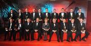 16 October 2009; The 2009 GAA Hurling All-Stars Team, with President of Ireland Mary McAleese, Ard Stuirthoir Pauraic Duffy, Charles Butterworth, CEO Vodafone Ireland, and CLG Criostóir Ó Cuana, back row, from left, Alan McCrabbe, Dublin, Michael Rice, Kilkenny, Henry Shefflin, Kilkenny, Lar Corbett, Tipperary, Conor O'Mahony, Tipperary, Jackie Tyrrell, Kilkenny, Eoin Larkin, Kilkenny, Padraig Maher, Tipperary, Joe Canning, Galway, and GAA All-Star Young Hurler of the year Noel McGrath, Tipperary. Front row, from left, GAA All-Star Hurler of the Year Tommy Walsh, Kilkenny, Michael Walsh, Waterford, PJ Ryan, Kilkenny, Ollie Canning, Galway, and John Mullane, Waterford, during the 2009 GAA All-Stars Awards, sponsored by Vodafone. Citywest Hotel, Conference, Leisure & Golf Resort, Dublin. Picture credit: Brendan Moran / SPORTSFILE