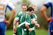 18 October 2009; Karl Fitzpatrick, Ireland, 1, is congratulated by team-mate Paddy Barcoe after scoring a try. Rugby League International, Ireland v Serbia, Tullamore RFC, Tullamore, Co. Offaly. Picture credit: Stephen McCarthy / SPORTSFILE