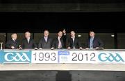 19 October 2009; Former Meath manager Sean Boylan, left, Uachtarán CLG Criostóir Ó Cuana, second from left, Brendan Murphy, third from left, CEO Allianz Ireland, Jack O'Connor, third from right, Kerry manager, Henry Shefflin, second from right, Kilkenny and former Tipperary manager Babs Keating at the announcement that Allianz are to extend their sponsorship deal with the GAA for GAA National Hurling and Football Leagues until 2012. This will bring the Allianz commitment to Gaelic Games into its 20th year which makes the insurance firm the longest ever supporter of senior Inter-County GAA game. Croke Park, Dublin. Picture Credit: David Maher / SPORTSFILE