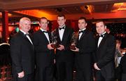 16 October 2009; GAA Football All-Star award winners Stephen O'Neill, of Tyrone, and Karl Lacey, of Donegal, with GAA All-Star Young Footballer of the Year Michael Murphy, of Donegal, centre, with Aoghan Farrell, Ulster Council Vice-president, left, and Stephen McGeehan, Ulster Council Operations Manager, right, during the 2009 GAA All-Stars Awards, sponsored by Vodafone. Citywest Hotel, Conference, Leisure & Golf Resort, Dublin. Picture credit: Ray McManus / SPORTSFILE