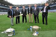 19 October 2009; Former Tipperary manager Michael 'Babs' Keating, left, former Meath manager Sean Boylan, second from left, Uachtarán CLG Criostóir Ó Cuana, third from left, Henry Shefflin, Kilkenny, third from right, Brendan Murphy, CEO Allianz Ireland, second from right and Jack O'Connor, Kerry manager, at the announcement that Allianz are to extend their sponsorship deal with the GAA for GAA National Hurling and Football Leagues until 2012. This will bring the Allianz commitment to Gaelic Games into its 20th year which makes the insurance firm the longest ever supporter of senior Inter-County GAA game. Croke Park, Dublin. Picture Credit: David Maher / SPORTSFILE