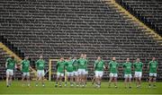 17 January 2016; The Fermanagh team during the anthem. Bank of Ireland Dr McKenna Cup Semi-Final, Tyrone v Fermanagh. St Tiernach's Park, Clones, Co. Monaghan. Picture credit: Oliver McVeigh / SPORTSFILE