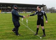 17 January 2016; Referee Alfie Devine greets Offaly manager Eamonn Kelly before the game. Bord na Mona Walsh Cup Group 1, Offaly v Kilkenny. St Brendan's Park, Birr, Co. Offaly. Picture credit: Piaras Ó Mídheach / SPORTSFILE