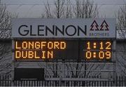 17 January 2016; The scoreboard at the end of the game indicating Longford 1-12 to Dublin 0-09.  Bord na Mona O'Byrne Cup Semi-Final, Longford v Dublin. Glennon Brothers Pearse Park, Longford. Picture credit: Ray McManus / SPORTSFILE
