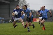 17 January 2016; Paul McKeon, Longford, in action against Shane Carthy, Dublin. Bord na Mona O'Byrne Cup Semi-Final, Longford v Dublin. Glennon Brothers Pearse Park, Longford. Picture credit: Dean Cullen / SPORTSFILE