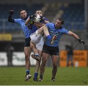 17 January 2016; Longford's Darren Gallaher fields a high ball under pressure from Dublin players Niall Scully, left, and Tomás Brady. Bord na Mona O'Byrne Cup Semi-Final, Longford v Dublin. Glennon Brothers Pearse Park, Longford. Picture credit: Ray McManus / SPORTSFILE