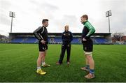 19 January 2016; Team captains Adam Keating, CBS Naas, and Sean Wafer, Gorey Community School, talk to referee Helen O'Reilly, before the match. Bank of Ireland Schools Fr. Godfrey Cup, Round 2, CBS Naas v Gorey Community School, Donnybrook Stadium, Donnybrook, Dublin. Picture credit: Seb Daly / SPORTSFILE