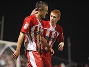 23 October 2009; Matthew Blinkhorn, left, Sligo Rovers, is congratulated by team-mate Eoin Doyle after scoring his side's first goal. FAI Ford Cup Semi-Final, Sligo Rovers v Waterford United, Showgrounds, Sligo. Picture credit: Brian Lawless / SPORTSFILE