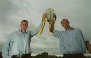 28 August 2002; Brian Lohan, Clare captain, (left) and Andy Comerford, Kilkenny captain, pictured with the Liam MacCarthy Cup, prior to their meeting in the All Ireland Hurling Final, The Palace Hotel, Cashel, Co. Tipperary. Picture credit; David Maher / SPORTSFILE