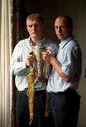 28 August 2002; Brian Lohan, Clare captain, (left) and Andy Comerford, Kilkenny captain, pictured with the Liam MacCarthy Cup, prior to their meeting in the All Ireland Hurling Final, The Palace Hotel, Cashel, Co. Tipperary. Picture credit; David Maher / SPORTSFILE