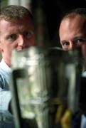 28 August 2002; Brian Lohan, Clare captain, (left) and Andy Comerford, Kilkenny captain, pictured with the Liam MacCarthy Cup, prior to their meeting in the All Ireland Hurling Final, The Palace Hotel, Cashel, Co. Tipperary. Picture credit; David Maher / SPORTSFILE