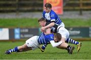 20 January 2016; Jonathan Wren, PBC, is tackled by Adam Barry, left, and Nathan Clancy, St. Clement's. Munster Schools Senior Cup, 1st Round, St. Clements v PBC. Rosbrien, Limerick. Picture credit: Diarmuid Greene / SPORTSFILE