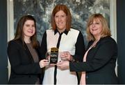 20 January 2016; Linda Martin, Donaghmoyne, Co. Monaghan, is presented with the Croke Park Player of the Month for December by Maire Hickey, right, President, LGFA, and Muireann King, left, Director of Sales and Marketing, The Croke Park, Dublin’s Iconic Sporting Hotel. The Croke Park, Jones's Road, Dublin. Picture credit: Brendan Moran / SPORTSFILE