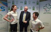 21 January 2016; OCS Limited announced as sponsors of the 2016 Irish Paralympic Team and the 2016 OCS Irish Paralympic Awards. Pictured at the announcement is Michael Ring, T.D., Minister of State for Tourism & Sport, with Ellen Keane and James Scully, both Paralympic Ireland swimmers. OCS Limited, Airways Industrial Estate, Dublin. Picture credit: Stephen McCarthy / SPORTSFILE