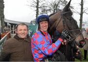 21 January 2016; Trainer Willie Burke, left, and jockey Robbie Power pose with My Murphy after winning the Goffs Thyestes Handicap Steeplechase. Gowran Park, Gowran, Co. Kilkenny. Picture credit: Seb Daly / SPORTSFILE