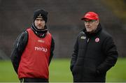 17 January 2016; Mickey Harte, Tyrone manager, right, with his son Michael Harte, Tyrone team physiotherapist. Bank of Ireland Dr McKenna Cup Semi-Final, Tyrone v Fermanagh. St Tiernach's Park, Clones, Co. Monaghan. Picture credit: Oliver McVeigh / SPORTSFILE