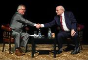 21 January 2016; Jimmy Magee shakes hands with Owen McConnon on stage at Jimmy Magee's 'Around the World in 80 Years'. Ramor Theatre, Virginia, Co. Cavan. Picture credit: Ray McManus / SPORTSFILE