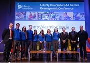 22 January 2016; Transition Year Pupils from Gort Community School pose for a photograph with, from left, Daragh Sheridan, Discussion Chair, Pat Daly, Director GAA Games and Research, Professor David Lavallee, University of Sterling, and Eoghan Hanley, Transition Year Coordinator Gort Community School, at the Liberty Insurance GAA Annual Games Development Conference 2016. The theme of the conference was 'The Coach, The Player, The Game: Building Connections'. A range of speakers addressed issues related to the coaching and playing of gaelic games at adult level’. Croke Park, Dublin. Picture credit: Sam Barnes / SPORTSFILE