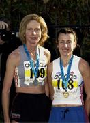27 October 2003; Annette Kealy, right, first Irish Women's athlete to finish and Lucy Brennan, Ireland, second Irish Women's athlete to finish during the adidas Dublin City Marathon 2003. Athletics. Picture credit; David Maher / SPORTSFILE