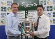 5 July 2004; Patrick Ruane, left, Tullamore F.C manager, with Stephen Kelly, Athlone Town manager, at the draw for the second round of the 2004 Carlsberg FAI Cup at the Gravity Bar. Guinness Hopstore, Dublin. Picture credit; David Maher / SPORTSFILE