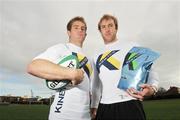 28 October 2009; Kinetica Sports Ltd. today launched a suite of revolutionary new sports nutritional  products aimed at maximising sports performance and physical conditioning of both amateur and professional athletes alike. At the launch are, Ulster rugby star Stephen Ferris with Leinster rugby star Luke Fitzgerald, left. Media Launch of Kinetica Sports Nutrition Range, Irishtown Stadium, Dublin. Picture credit: Brian Lawless / SPORTSFILE