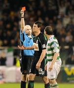 30 October 2009; Gary Breen, Galway United, is shown the red card by referee Dave McKeon. League of Ireland Premier Division, Shamrock Rovers v Galway United, Tallaght Stadium, Tallaght, Dublin. Picture credit: Pat Murphy / SPORTSFILE