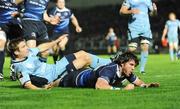 31 October 2009; Shane Horgan, Leinster, goes over for his side's first try. Celtic League, Leinster v Cardiff Blues, RDS, Dublin. Picture credit: Brendan Moran / SPORTSFILE