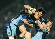 31 October 2009; Shane Horgan, Leinster, is tackled by James Down, left, and Richie Rees, Cardiff Blues. Celtic League, Leinster v Cardiff Blues, RDS, Dublin. Picture credit: Brendan Moran / SPORTSFILE