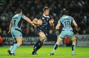 31 October 2009; Natha Hines, Leinster, in action against Rhys Williams, left, and Sam Norton-Knight, Cardiff Blues. Celtic League, Leinster v Cardiff Blues, RDS, Dublin. Picture credit: Brendan Moran / SPORTSFILE