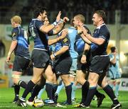 31 October 2009; Leinster players Shane Horgan, front, and Girvan Dempsey, celebrate with Stephen Keogh, right, after Keogh scored his side's second try. Celtic League, Leinster v Cardiff Blues, RDS, Dublin. Picture credit: Dàire Brennan / SPORTSFILE