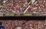 17 February 2001; The scoreboard at the final whistle showing Ireland 22, France 15, following the Lloyds TSB Six Nations Rugby Championship match between Ireland and France at Lansdowne Road in Dublin. Photo by Brendan Moran/Sportsfile