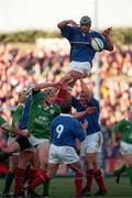 17 February 2001; France David Auradon wins a lineout against Malcolm O'Kelly of Ireland during the Lloyds TSB Six Nations Rugby Championship match between Ireland and France at Lansdowne Road in Dublin. Photo by Brendan Moran/Sportsfile