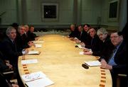 23 February 2001; In attendance at a meeting between Government Ministers and the FAI at Government Buildings in Dublin, are, from left, Charlie McCreevy, T.D., Minister for Finance, An Taoiseach Bertie Ahern, T.D., Dr Jim McDaid, T.D., Minister for Sport Tourism and Recreation, Martin Cullen, Minister of State at the Department of Finance, Brendan Menton, FAI Honorary Treasurer, Michael Hyland, Chairman of the National League, Bernard O'Byrne, Chief Executive of FAI, Pat Quigley, President of FAI, Milo Corcoran, Vice President of FAI and Des Casey, Honorary Secretary of the FAI. Photo by Ray McManus/Sportsfile