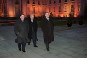 23 February 2001; FAI Honorary Secretary Des Casey, left, Brendan Menton, FAI Honorary Treasurer, and Michael Hyland, Chairman of the National League, arrive at Government Buildings for their 7.30am meeting with the Taoiseach and Government Ministers. Photo by Ray McManus/Sportsfile
