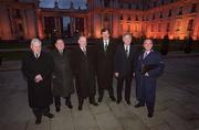 23 February 2001; Members of the FAI delegation, from left, Brendan Menton, Honorary Treasurer, Des Casey, Honorary Secretary, Michael Hyland, Chairman of the National League, Bernard O'Byrne, Chief Executive, Milo Corcoran, Vice President, and Pat Quigley, President, pose for a photograph on their arrival at Government Buildings for their 7.30am meeting with the Taoiseach and Government Ministers. Photo by Ray McManus/Sportsfile