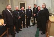 23 February 2001; Members of the FAI delegation, from left, Michael Hyland, Chairman of the National League, Brendan Menton, Honorary Treasurer, Des Casey, Honorary Secretary, Bernard O'Byrne, Chief Executive, Pat Quigley, President, and Milo Corcoran, Vice President, pose for a photograph with An Taoiseach Bertie Ahern, T.D., at Government Buildings ahead of their meeting. Photo by Ray McManus/Sportsfile