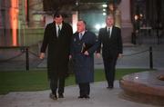 23 February 2001; FAI Chief Executive Bernard O'Byrne, left, FAI President Pat Quigley and FAI Vice President Milo Corcoran arrive at Government Buildings for their 7.30am meeting with the Taoiseach and Government Ministers. Photo by Ray McManus/Sportsfile