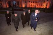 23 February 2001; Members of the FAI delegation, FAI President Pat Quigley accompanied by, from left, Brendan Menton, Honorary Treasurer, Des Casey, Honorary Secretary, Michael Hyland, Chairman National League, Bernard O'Byrne, Chief Executive, and Milo Corcoran, Vice President, arrive at Government Buildings for their 7.30am meeting with the Taoiseach and Government Ministers. Photo by Ray McManus/Sportsfile