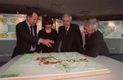 23 February 2001; At the launch of &quot;The Pool at Abbotstown&quot;, which will form part of the Sports Campus Ireland development are, from left, Stefan Behnisch, Architests Behnisch, Behnisch & Partners, who won the Architectural & Environmental Framework Plan Competition for development of the site. Laura Magahy, Director of Executive Services, CSID, Minister for Sport, Tourism and Recreation, Dr Jim McDaid, T.D. and Paddy Teahon, Executive Chairperson of Sports Campus Ireland Development, in Abbotstown, Dublin. Photo by Brendan Moran/Sportsfile
