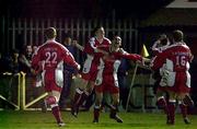 23 February 2001; Darragh Maguire, centre, celebrates with St Patrick's Athletic team-mates Robbie McGuinness, Robbie Griffin, Stephen McGuinness and Ger McCarthy after scoring their second goal during the Eircom League Premier Division match between St Patrick's Athletic and Shelbourne at Richmond Park in Dublin. Photo by David Maher/Sportsfile