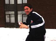 27 February 2001; Republic of Ireland's Robbie Keane enjoys the snow  at the Forte Posthouse Hotel Dublin Aiport following the decision to cancel the day's squad training due to snowfall. Photo by David Maher/Sportsfile