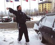 27 February 2001; Republic of Ireland's Robbie Keane enjoys the snow  at the Forte Posthouse Hotel Dublin Aiport following the decision to cancel the day's squad training due to snowfall. Photo by David Maher/Sportsfile