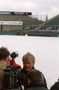 28 February 2001; Denmark manager Morten Olsen speaks to media at a snow covered Lansdowne Road in Dublin after it was the announced that the International Friendly match between Republic of Ireland and Denmark game would be postponed. Photo by Brendan Moran/Sportsfile