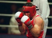 23 February 2001; Stephen Reynolds, St Josephs, Sligo, eyes up opponent Gary Dargan, CIE, Dublin, in their heavyweight final during the IABA Irish National Boxing Championship Finals at the National Stadium in Dublin. Photo by Damien Eagers/Sportsfile