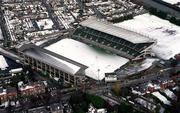 28 February 2001; An aerial view of a snow covered Lansdowne Road in Dublin. Photo by Brendan Moran/Sportsfile