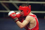 23 February 2001; Damien McKenna, Holy Family, Drogheda, Louth, faces up to Harry Cunningham, Saints, Belfast, following their bantamweight final during the IABA Irish National Boxing Championship Finals at the National Stadium in Dublin. Photo by Damien Eagers/Sportsfile